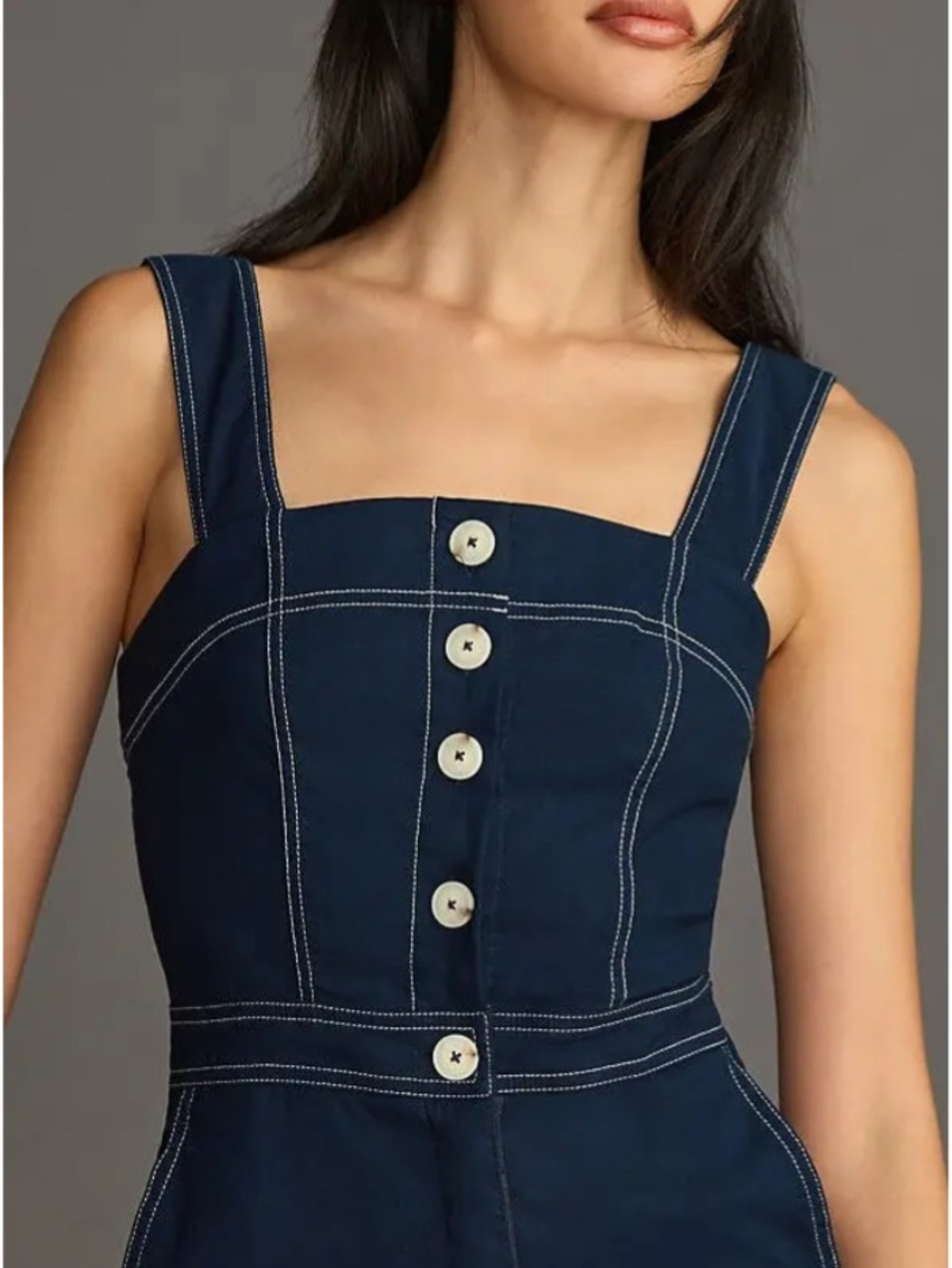 Anthropologie Maeve Denim Button Front Romper | Contrast Stitch | Size 0 - Picture 2 of 9